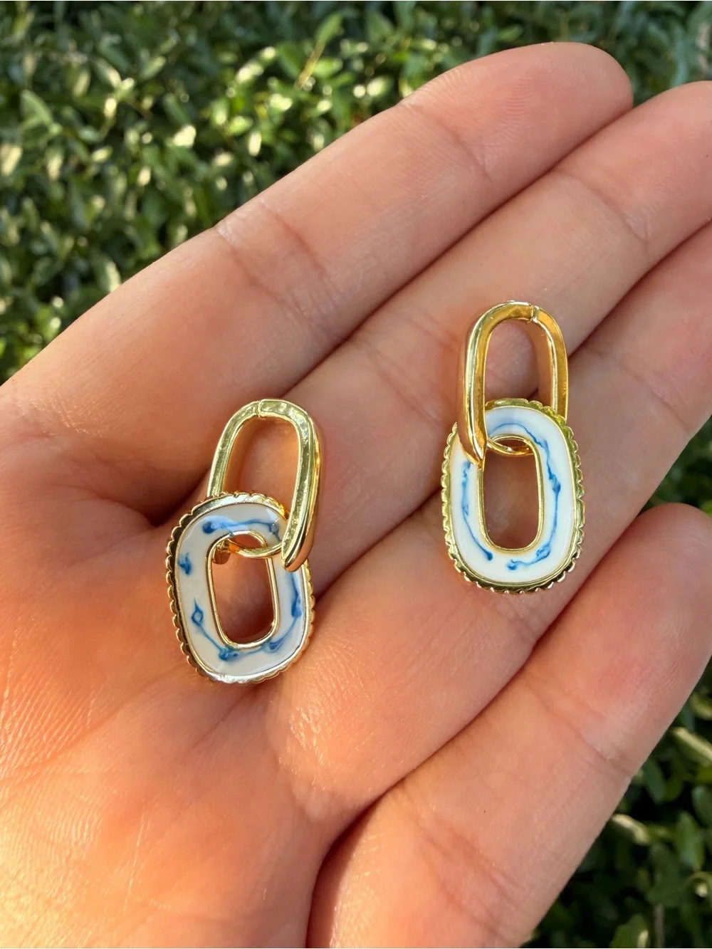 Gold Link Drop Earrings with White & Blue Enamel - Picture 3 of 6